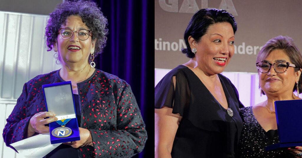 Diana Fuentes and Rebecca Aguilar are inducted into the NAHJ Hall of Fame by NAHJ President Nora López.