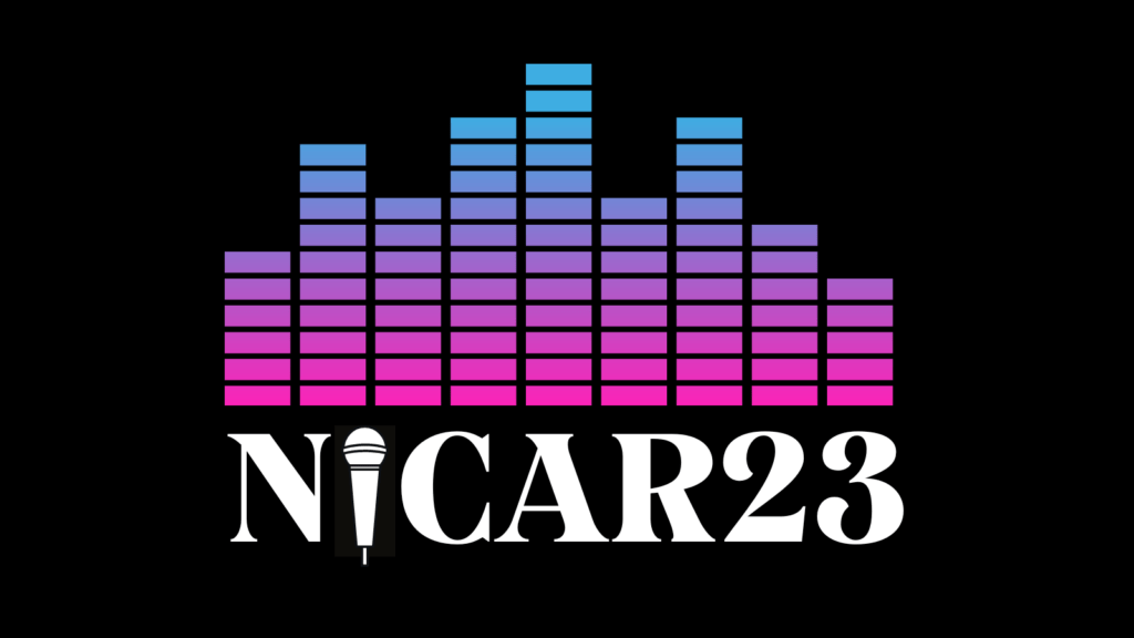 Take your data journalism skills to the next level. Image of sound levels resembling bar graph. NICAR23 with a microphone replacing the "I" to emphasize Nashville music heritage.