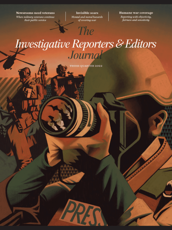 The magazine cover shows a journalist embedded with troops. The journalist holds a camera with soldiers and helicopters over the horizon.