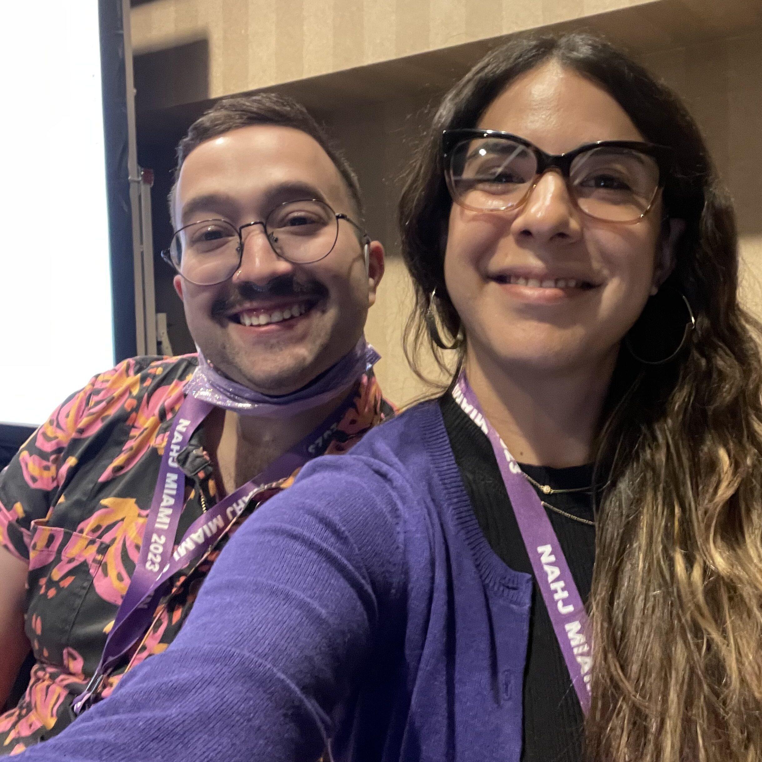 IRE training directors Adam Rhodes and Laura Moscoso pause for a selfie before a training session they hosted at NAHJ's 2023 conference.