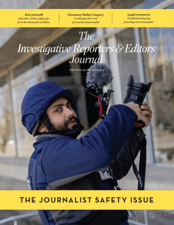 Reuters video journalist Issam Abdallah covered the war in Ukraine during 2022. The cover of the Q4 2023 issue features yellow color bars containing previews for articles and the text "Journalist Safety Issue."