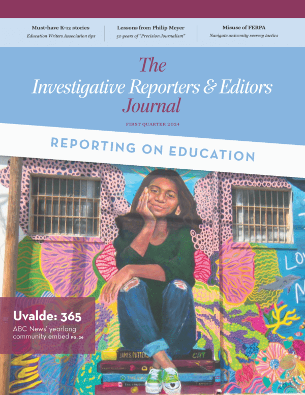 The cover of the Q1 2024 edition of The IRE Journal. The image features a mural of a young victim killed in the school shooting May 24, 2022, in Uvalde, Texas.