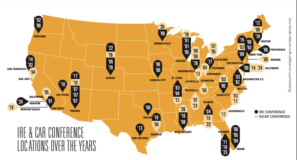 IRE & CAR Conference locations over the years (beginning in 1976). 