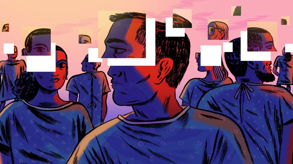 This illustration, with red and blue hues, shows patients in medical gowns with square segments of the illustration lifted and moved from their heads.