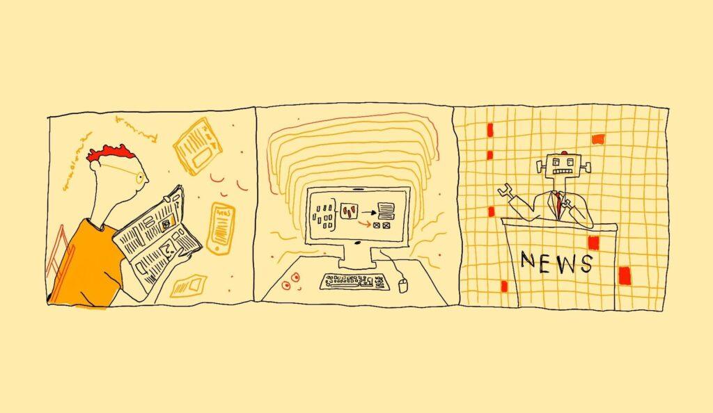 A three panel illustration of someone reading the news, a computer, and a robot at a press conference.
