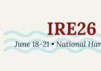 logo for IRE26 with an illustration of a ferris wheel representing the Capitol Wheel in National Harbor