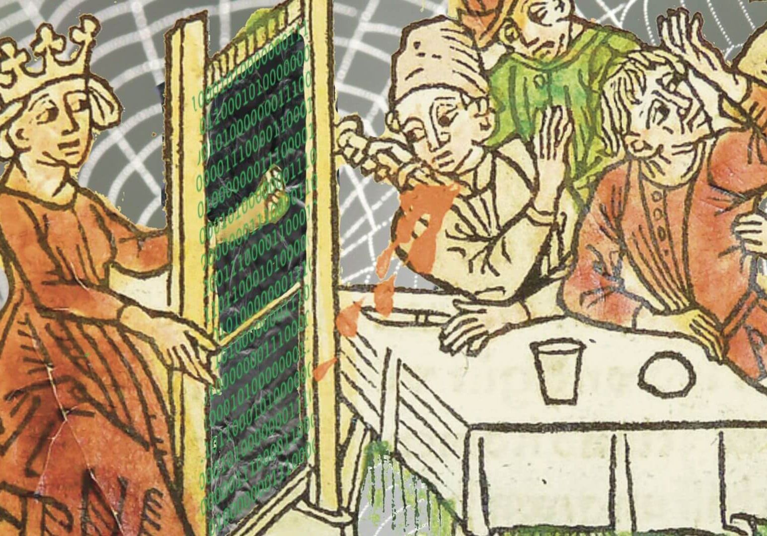 An archival image of a medieval dinner scene. On one side, there is a Penelope (from Greek mythology) weaving, but instead of thread, it is a board of binary code. On the other side, there is a a drink spilling and other figures looking distressed/chaotic.
