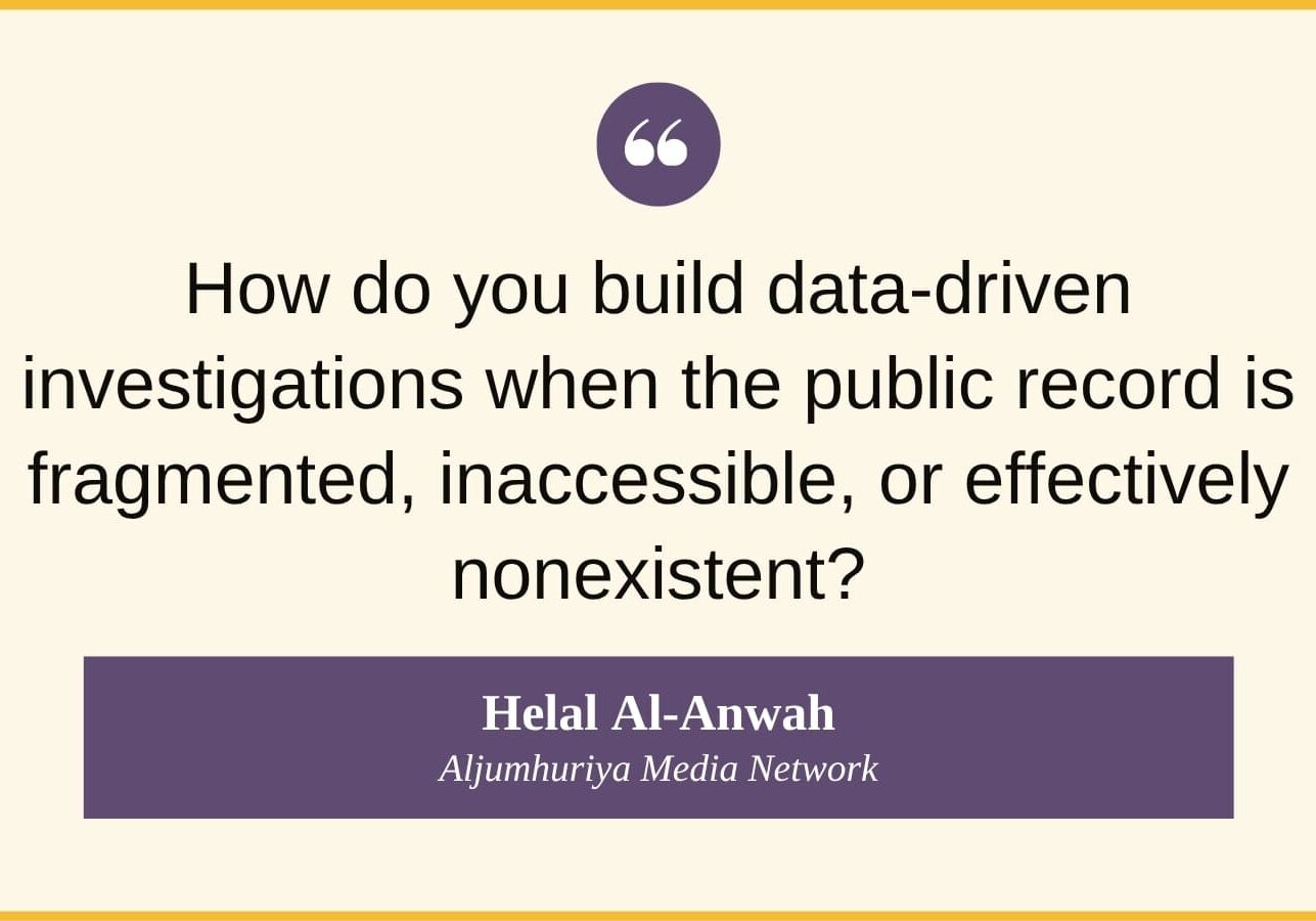 Quote by Helal Al-Anwah reads "How do you build data-driven investigations when the public record is fragmented, inaccessible, or effectively nonexistent?"